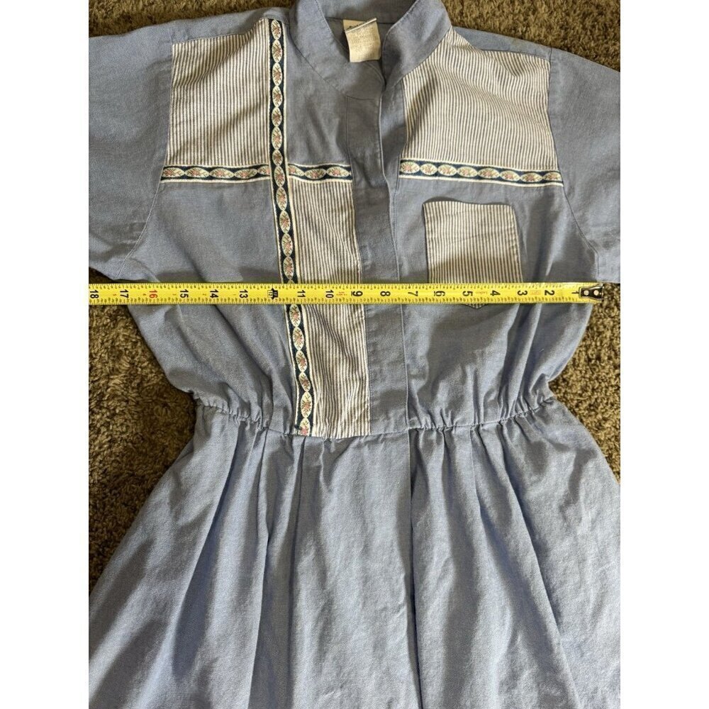 Vintage 70s 80s Fit & Flare Midi Dress Blue Stripe Elastic Waist Cotton USA 10 - Picture 8 of 9